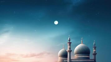 Mosques Dome on dark blue twilight sky and Crescent Moon on background Illustration photo