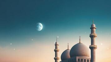 Mosques Dome on dark blue twilight sky and Crescent Moon on background Illustration photo