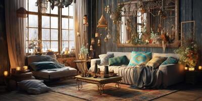Bohemian style living room with christmas decoration Illustration photo