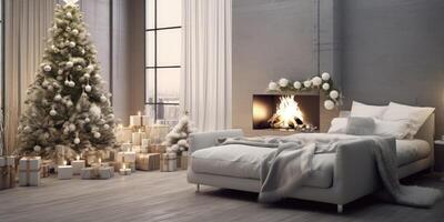 Modern living room with Christmas decoration. Illustration photo