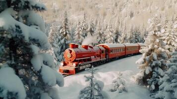 Cute christmas train goes through fantastic winter forest Illustration photo