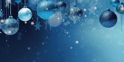 azul Navidad tarjeta con colgando pelotas ilustración ai generativo foto