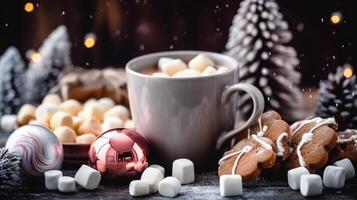 Christmas or New Year composition with cocoa, marshmallows, gingerbread. Illustration photo