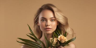 Beauty portrait of woman with plant in studio for wellness. Illustration photo