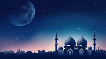 Mosques Dome on dark blue twilight sky and Crescent Moon on background Illustration photo