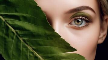 Beauty portrait of woman with plant in studio for wellness. Illustration photo