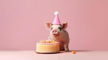 linda cumpleaños cerdo con pastel. ilustración ai generativo foto
