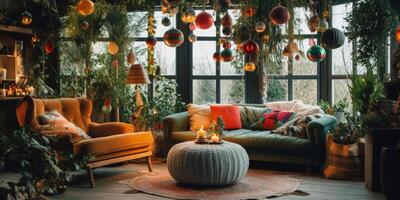 bohemio estilo vivo habitación con Navidad decoración ilustración ai generativo foto