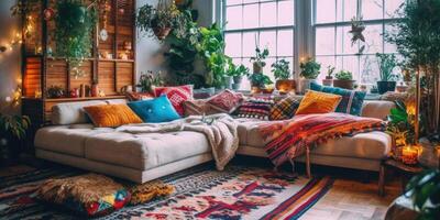 bohemio estilo vivo habitación con Navidad decoración ilustración ai generativo foto