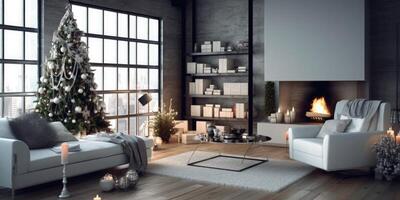 Modern living room with Christmas decoration. Illustration photo