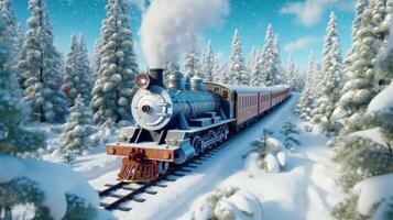Cute christmas train goes through fantastic winter forest Illustration photo