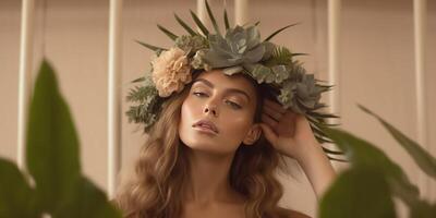 Beauty portrait of woman with plant in studio for wellness. Illustration photo