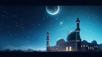 Mosques Dome on dark blue twilight sky and Crescent Moon on background Illustration photo