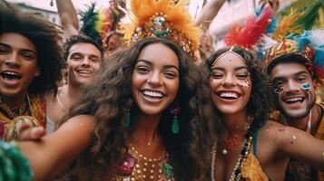 brasileño carnaval. grupo de amigos celebrando carnaval fiesta. ilustración ai generativo foto