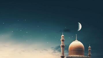 Mosques Dome on dark blue twilight sky and Crescent Moon on background Illustration photo