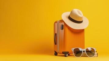 Suitcase with Sun Hat on yellow background. Illustration photo