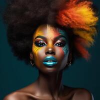 retrato de joven afro mujer con brillante maquillaje ilustración ai generativo foto