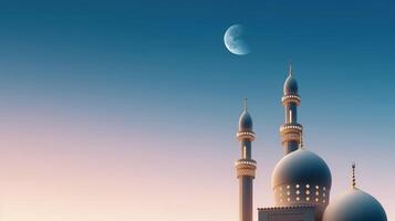 Mosques Dome on dark blue twilight sky and Crescent Moon on background Illustration photo