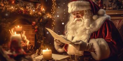 Papa Noel leyendo letras desde niños. ilustración ai generativo foto