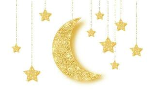 Ramadan Kareem background with gold hanging shiny glitter glowing moon with stars on white background vector