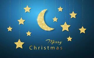 Merry Christmas. Gold hanging shiny glitter glowing star isolated on blue night background. Vector illustration