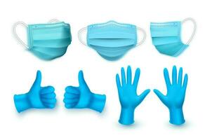 realista azul médico cara máscara y médico látex guantes. vector ilustración