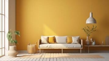 Farmhouse living room interior background, wall mockup, 3d render. photo