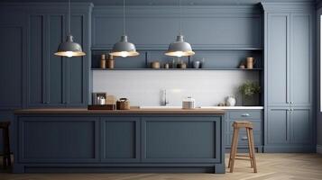 Wall mockup in kitchen interior background, Farmhouse style, 3d render, Bright color. photo