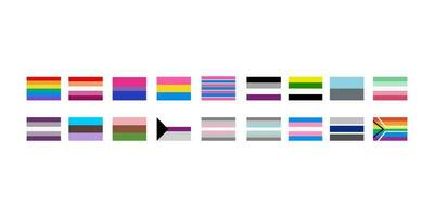 LGBT flags big set in flat style. Pride symbols. Rainbow elements. Vector illustration isolated on white background.