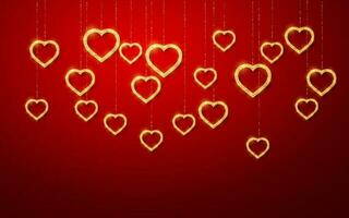 Gold hanging shiny glitter glowing heart isolated on red background. Valentines Day background. Vector illustration
