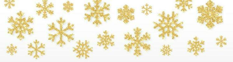 Shining gold snowflakes on white background. Christmas and New Year background. Vector illustration
