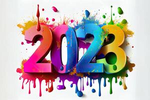 2023 Happy New Year celebration banner with colorful 3D numbers made of paint splashes on white. photo