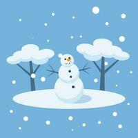 Happy Snowman In The Forest, Isolated Background. vector