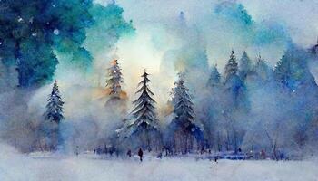 Watercolor abstract woodland, fir trees silhouette with ashes and splashes, winter background hand drawn illustration. photo
