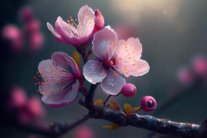Blooming tree in spring with pink flowers. photo