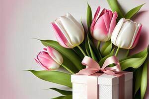 Bouquet of pink tulips with gift voxes on white background flowers for valentines day as present. photo