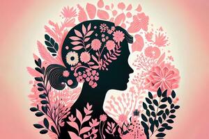 Exceptional Paper cut girl head silhouette cutout with hand drawn spring and flower doodles. photo