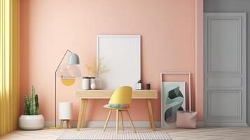 Cozy workplace interior at home with frame mockup. photo