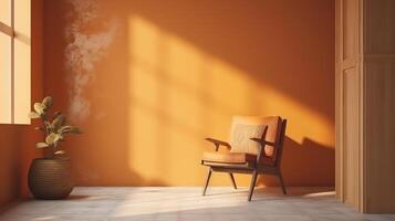 Minimalist interior background with armchair and rustic decor. photo