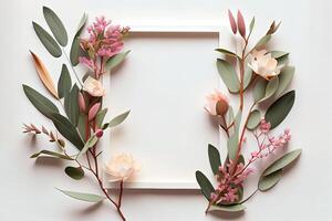 Amazing Flowers composition. Frame made of pink flowers and eucalyptus branches on white background. photo
