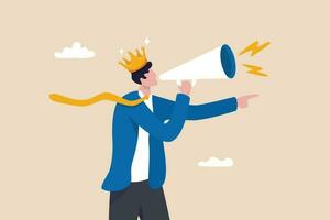Big boss or company president, CEO or chief executive officer, employer, leadership or manager, bossy management concept, furious businessman boss shouting on megaphone while pointing direction. vector
