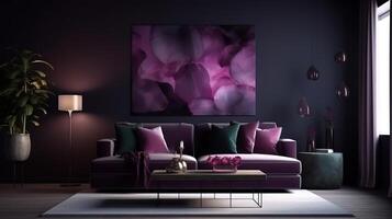Two frame mockup of a living room interior with a purple blank wall. photo