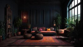 Dark home interior, ethnic style living room. photo