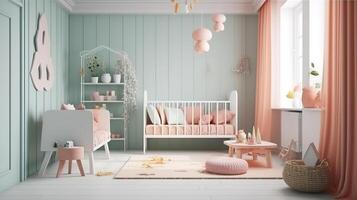 Cozy nursery interior background, Scandinavian style. photo