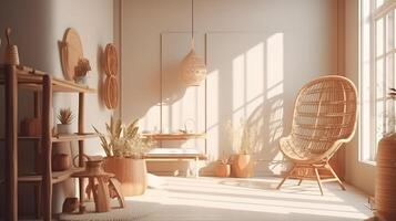 Stylish boho vintage dining room interior with poster mock up. photo