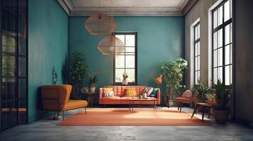 Home interior background, mid-century modern style in loft. photo