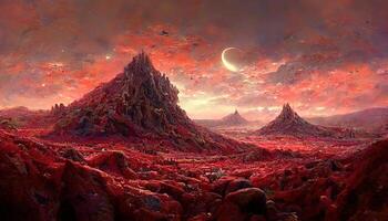 Wonderful Landscape of an unexplored planet, A fantasy mountain with a hidden cave and a plasma red sky. photo