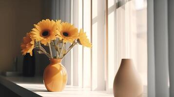 Mockup frame and flowers standing close up near window. photo