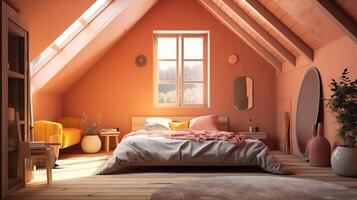 Cozy colored bedroom interior background in attic, 3d render, Bright color. photo