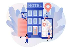 Booking hotel online. Tiny people search, choose and reservation hotel or apartment. Tourist and business trip. Modern flat cartoon style. Vector illustration on white background